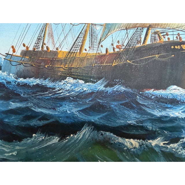 A striking vintage oil on canvas depicting a majestic sailing ship navigating rolling ocean waves beneath a bright,...