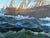 A striking vintage oil on canvas depicting a majestic sailing ship navigating rolling ocean waves beneath a bright,...
