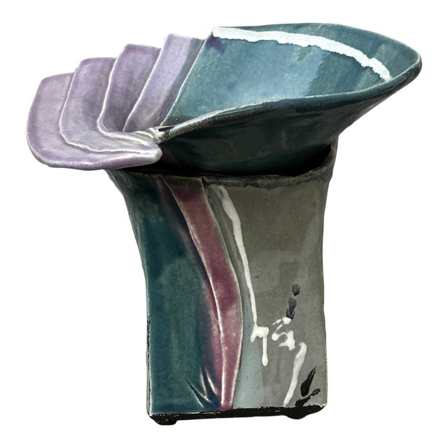Large Post Modern Two Pieces Studio Pottery Vase. Circa 1980s For Sale