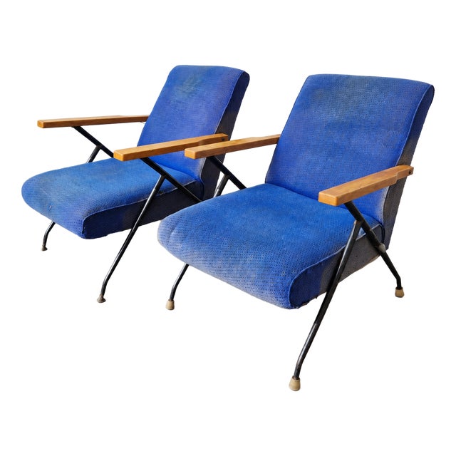 Mid-Century Modern Blue Fabric Armchairs. 1950s, Set of 2 For Sale