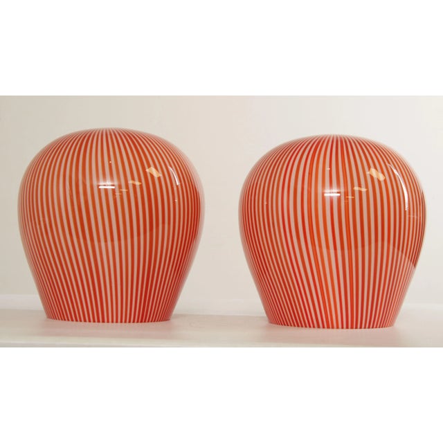 High Quality Vintage Handblown Red & White Stripe Art Glass Pendant Shades, In the Murano style