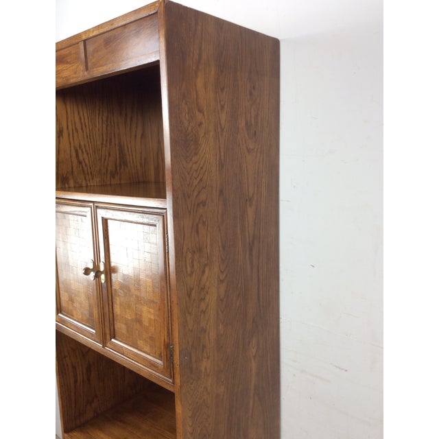 Thomasville Vintage Campaign Style Oak Wall Unit With Brass Hardware For Sale - Image 4 of 17