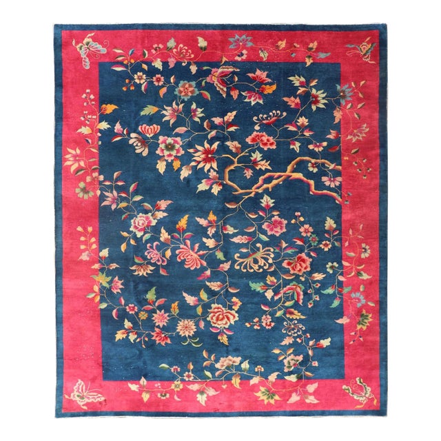 Early 20th Century Blue Background Chinese Art Deco Rug With Large Vining Flowers and Leaves For Sale