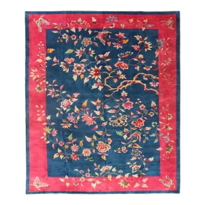 Early 20th Century Blue Background Chinese Art Deco Rug With Large Vining Flowers and Leaves