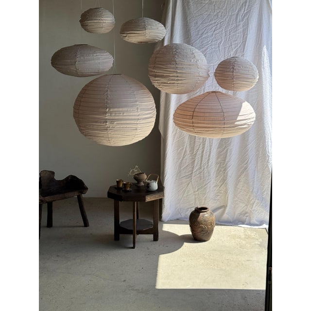 Japanese-Style Round Pink Rattan and Natural Linen Pendant Light For Sale - Image 9 of 18