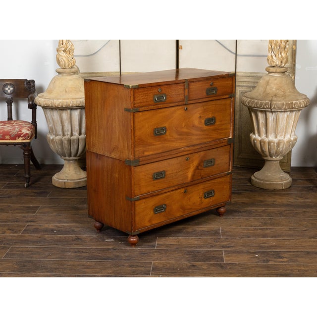 English 19th Century Teak Campaign Chest with Five Drawers and Brass Hardware For Sale - Image 9 of 12
