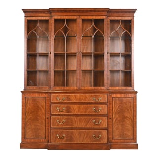 Henkel Harris Georgian Carved Flame Mahogany Lighted Breakfront Bookcase Cabinet For Sale