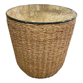 Handcrafted Woven Seagrass Drum Side Table With Glass Top For Sale