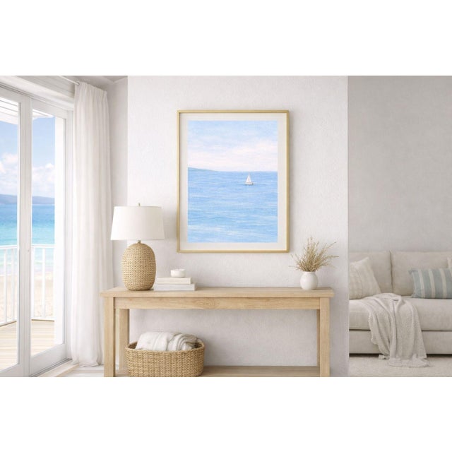 Minimalist Sailboat Seascape Wall Art, Coastal Ocean Landscape Print, Blue Water Nautical Art, 24″ × 36″ For Sale - Image 4 of 9
