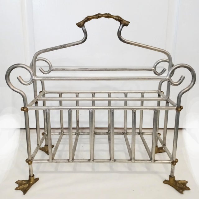 Metal Vintage Solid Brass Faux Bamboo Duck Feet Heavy Magazine Rack Stand For Sale - Image 7 of 7