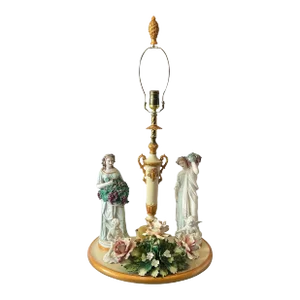 MInton Dresden Capodimonte Bisque Maiden and Cherub Floral Porcelain Figural Table Lamp
