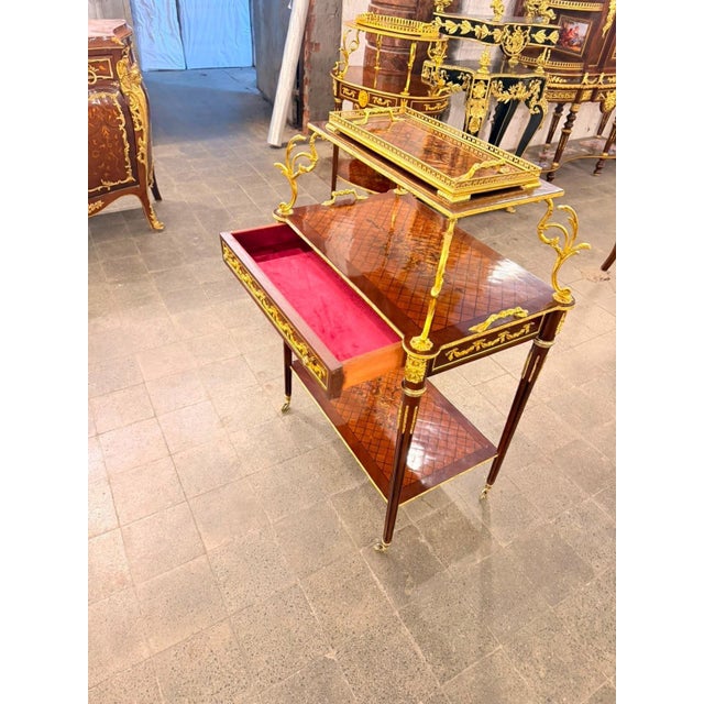 Vintage Marquetry Louis XVI Rolling Serving Cart & Tray For Sale - Image 9 of 10