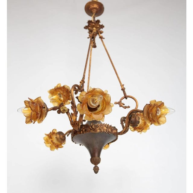 Metal Antique Art Nouveau Chandelier with Putto For Sale - Image 7 of 8