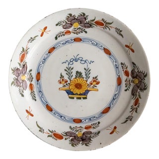 18th Century Dutch Delft Polychrome Floral Plate For Sale