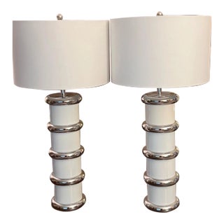 1950s Mid-Century Modern Chrome Ring and White Enamel Table Lamps - a Pair For Sale