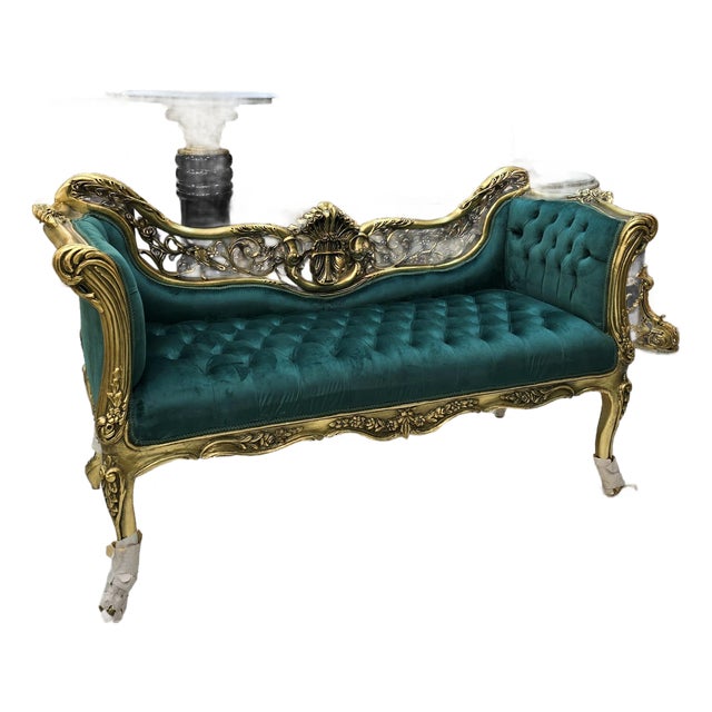 Baroque Style Green Velvet Settee Tufted For Sale