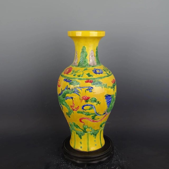 Chinese Vintage Ceramic Vase,Ming Dynasty Yongle Marked Yellow Ground Famille Verte Porcelain Vase Hand Painted Dragon and Phoenix Pattern For Sale - Image 4 of 7