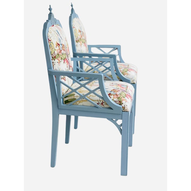1980s Pair Newly Upholstered Blue Chinese Chippendale Chairs in Schumacher Tientsin Toile For Sale - Image 16 of 17