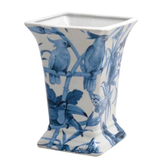 Early 21st Century Square Blue Parrot Ceramic Vase by Quain and Quantity For Sale - Image 5 of 5
