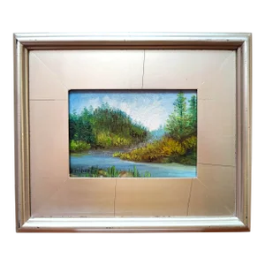 Impressionist Landscape River and Forest Oil Painting Silver Wood Frame 5x7