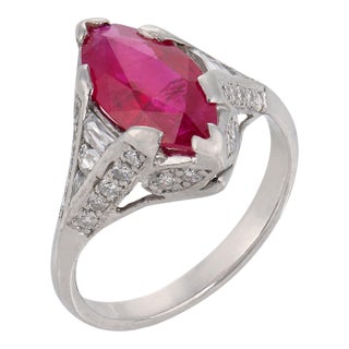 1930s Late Art Deco Gia 1.50 Carat Ruby Diamond Platinum Engagement Ring, Size 5 For Sale