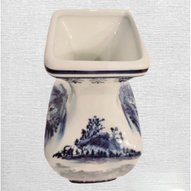 Chinoiserie Chinoiserie Blue White Scenic Garden Ceramic Tall Vessel Vase For Sale - Image 3 of 8