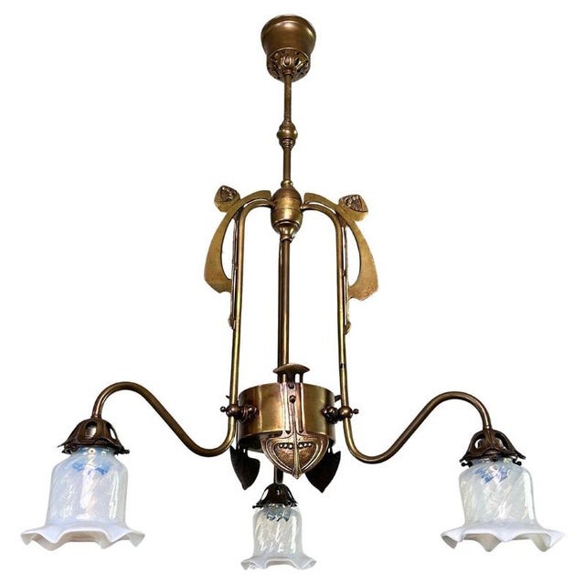 Art Nouveau 3-Arm Chandelier with Opal Iridescent Glass, 1960s For Sale - Image 15 of 15