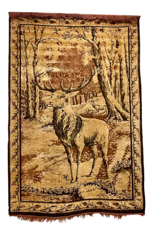 Large Antique European Silk & Cotton Wall Tapestry of Buck Scene