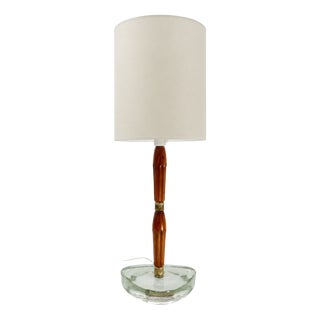 Scandinavian Table Lamp in Aqua Glass, Wood and Brass attributed to Nybro Armaturfabrik, Sweden, 1960s For Sale