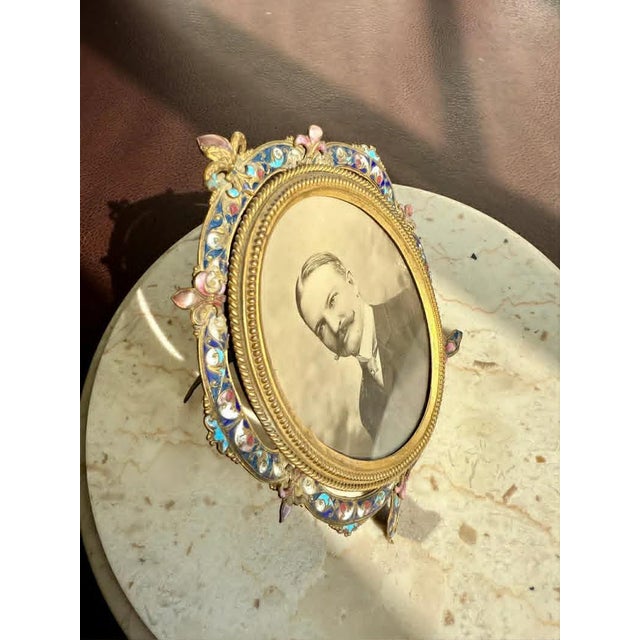 Metal Antique Colorful Enamel Bronze Photo Frame With Black and White Picture of a Gentleman From 19th Century For Sale - Image 7 of 10
