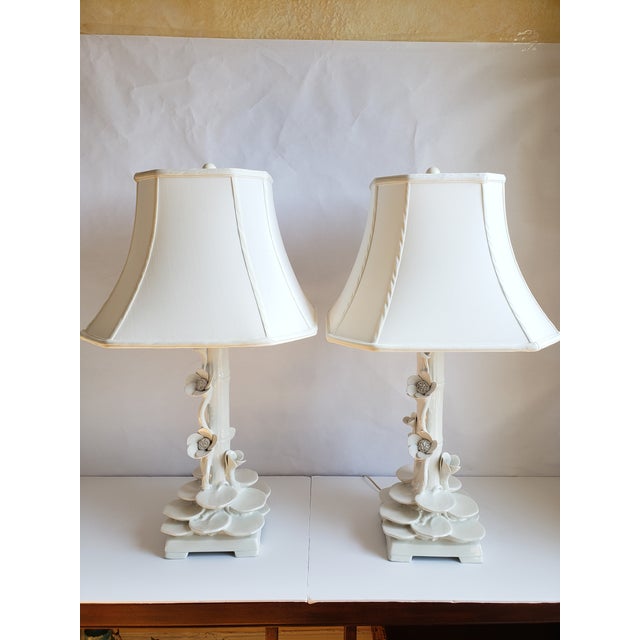 Mid Century Italian Ceramic Faux Bamboo & Lotus Flower Table Lamps-A Pair For Sale - Image 13 of 13