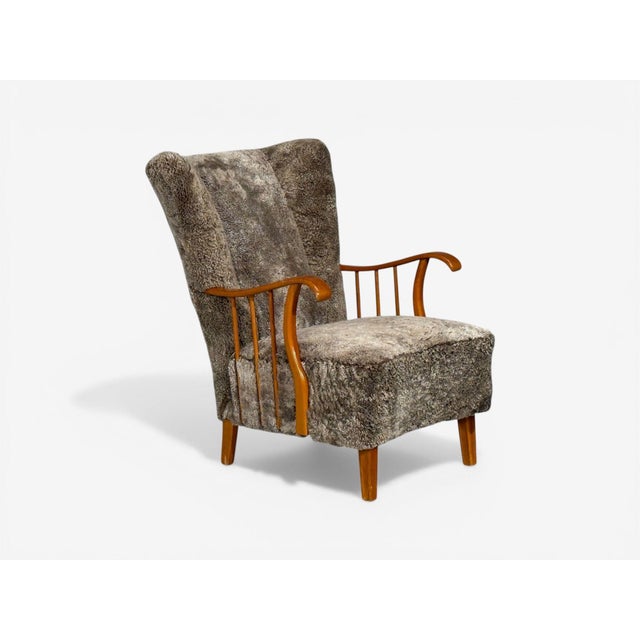 Swedish Modern, Lounge Chairs, Elm, Gray Shearling, Sweden, 1940s For Sale In New York - Image 6 of 16