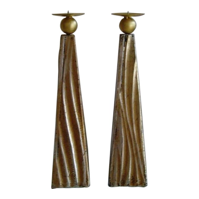 Tall Faux Wood Metallic Candle Holders - Set of 3 For Sale