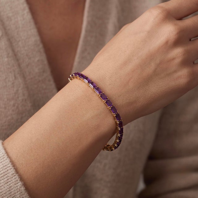 Natural Amethyst Emerald-Cut Tennis Bracelet in 18k Yellow Gold Plated For Sale - Image 4 of 5
