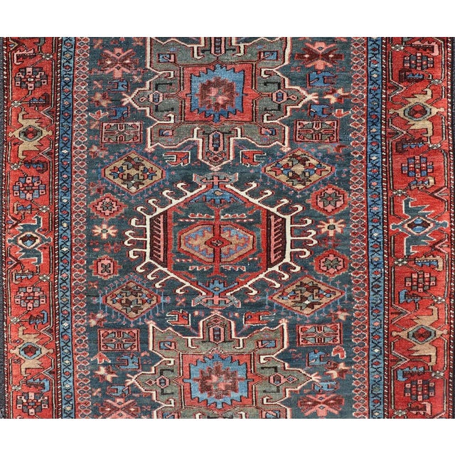 Tribal Antique Persian Karajeh Rug With Three Geometric Medallions in Red & Blue For Sale - Image 3 of 11