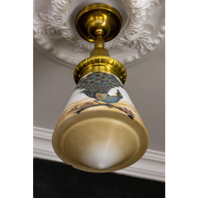 Art Deco Glass and Brass Pendant Light with Bird Paintings, France, 1930s For Sale - Image 6 of 18
