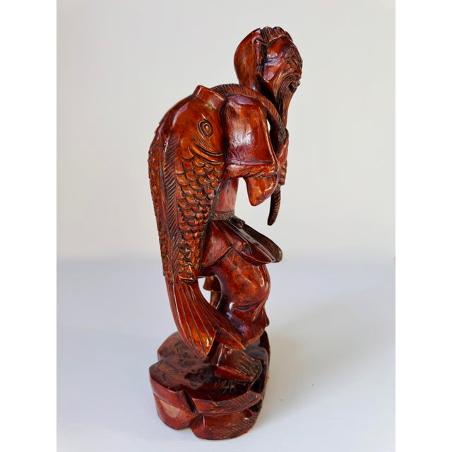 Mid-Century Hand-Carved Chinese Fisherman Statue For Sale - Image 4 of 10