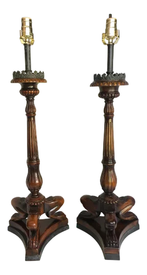 Mid 19th Century Carved Animalia Claw Lamps With Bronze Details - a Pair