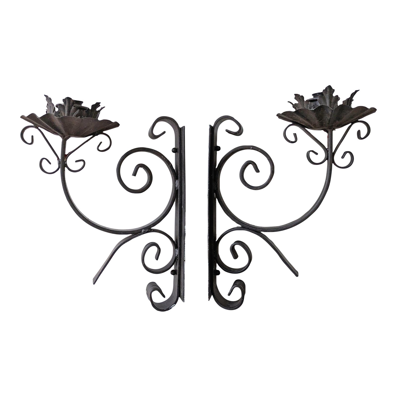 Vintage Spanish Revival Large Wrought Iron Candle Wall Sconces | Chairish