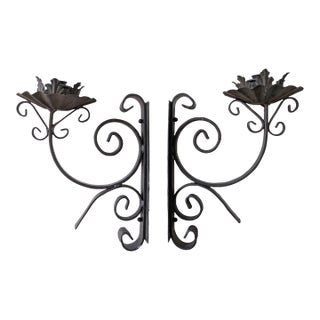 Vintage Spanish Revival Large Wrought Iron Candle Wall Sconces For Sale