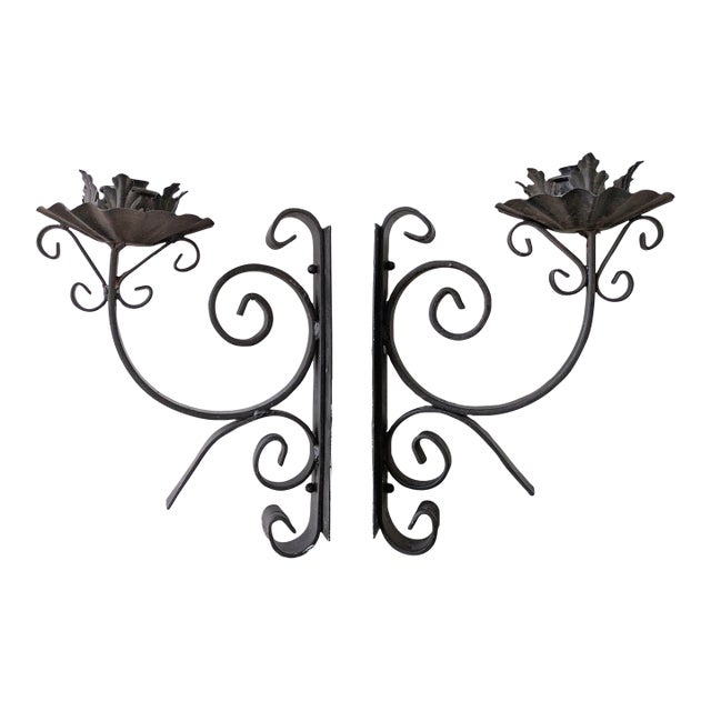 Vintage Spanish Revival Large Wrought Iron Candle Wall Sconces For Sale