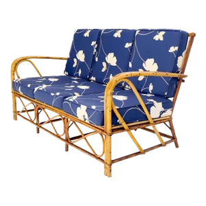 Split Reed Wicker Rattan Bamboo 3 Seater Sofa Blue & White Cushions