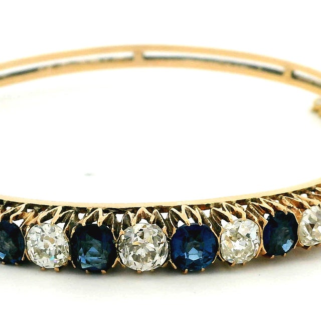 Mid-Century Modern Vintage Sapphire and Diamond 14k Gold Bangle Bracelet, Circa 1950 For Sale - Image 3 of 17