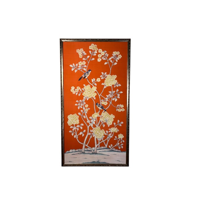 2010s Framed Hand-Painted Panel With Long-Tailed Birds & Peonies on Orange Silk For Sale - Image 5 of 9