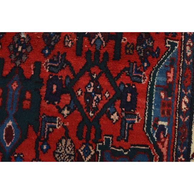 Hamedan Runner 4’4” X 9’10” Red Wool Vintage Tribal Hand-Knotted Oriental Rug For Sale - Image 4 of 15