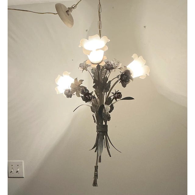 Vintage Italian Toleware Tole Style Floral Rose Chandelier With Glass Shades For Sale - Image 12 of 12