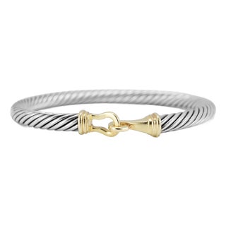 David Yurman 925 Silver 5mm 14k Yellow Gold Buckle Classic Cable Bangle Bracelet For Sale