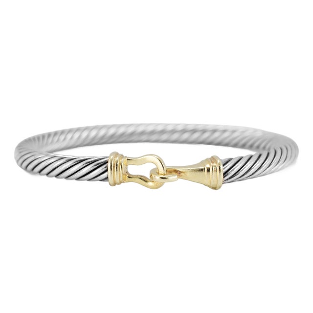 David Yurman 925 Silver 5mm 14k Yellow Gold Buckle Classic Cable Bangle Bracelet For Sale
