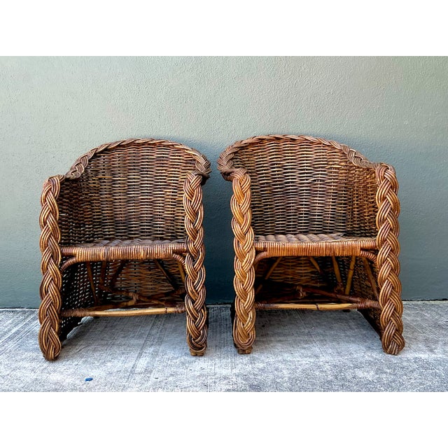 Mid-Century Modern Vintage Woven Rattan Lounge Chairs - Pair For Sale - Image 3 of 12
