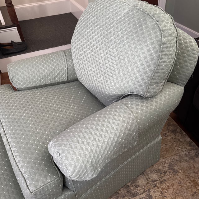 Ethan Allen Skirted Swivel Rocking Lounge Chair & Rolling Ottoman Set With Custom Fabric For Sale - Image 11 of 11